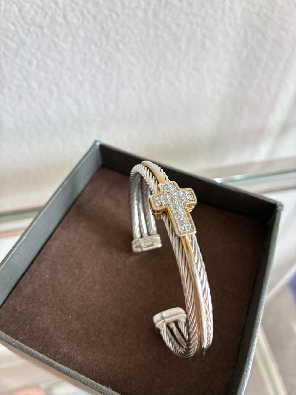Two-Tone Twisted Cable Cuff Bracelet with Rhinestone Cross Accent - Adjustable